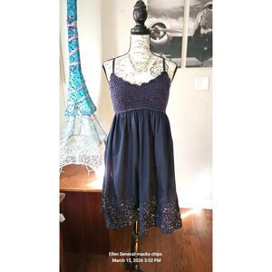 INC Navy Blue Crochet Bodice Eyelet Hem Babydoll Dress Boho size 8